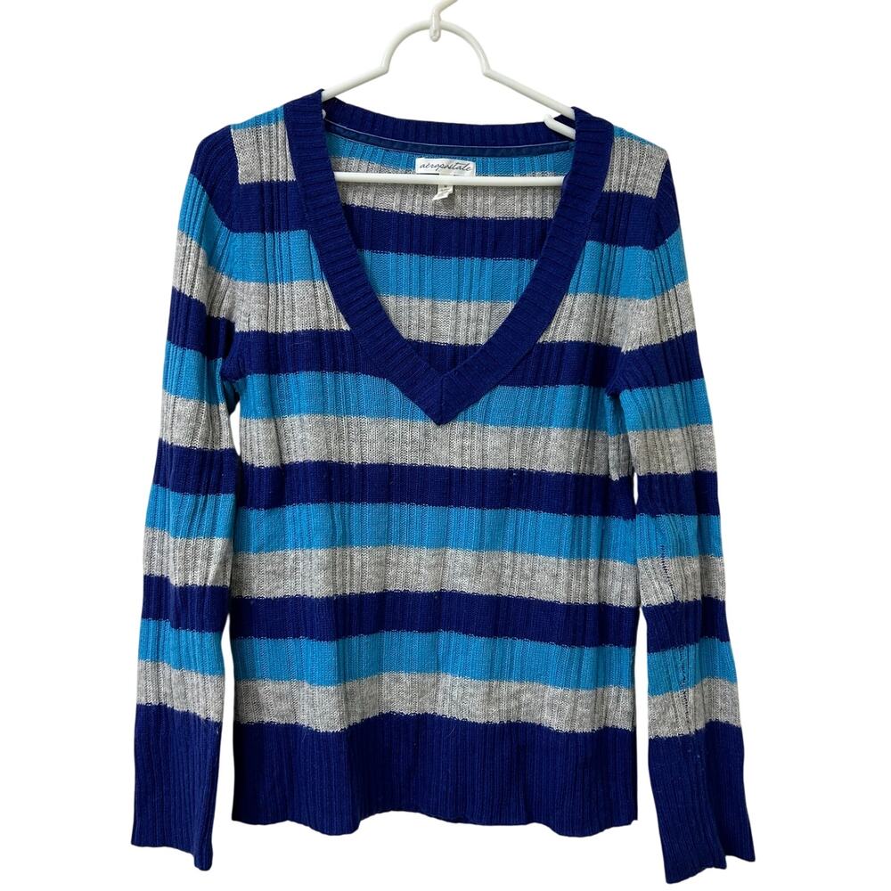 Aeropostale Womens Large Angora Blend Blue & Gray Striped V Neck Sweater Preppy